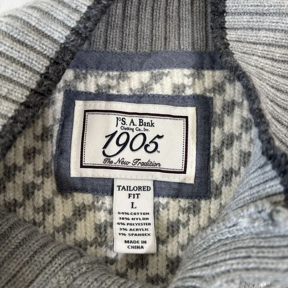 Jos A Bank 1905 Tailored Fit Chunky Knit Henley Sweater Men L Gray Fair Isle